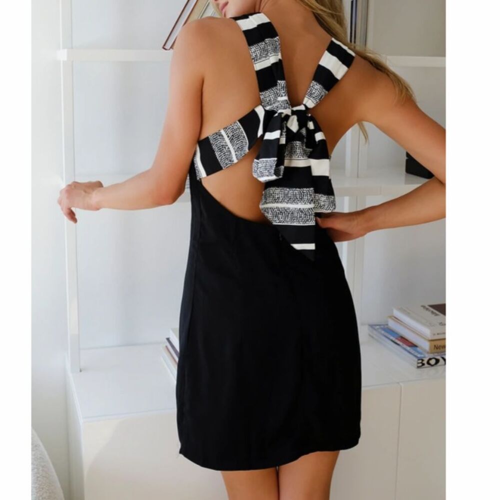 NWT Lulus Joyful Multistripe Tie Back Little Black Dress Sleeveless Shift S